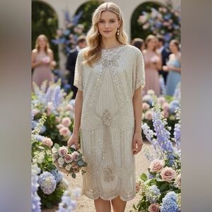 Vintage Lillie Rubin Ivory Sequin Dress Hand Beaded Size M